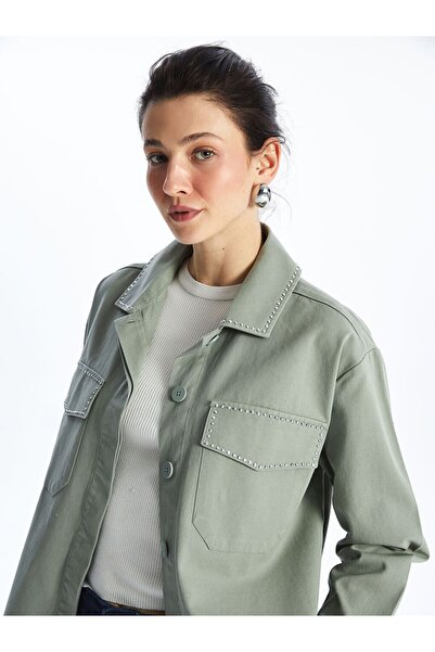 LC Waikiki Πράσινο ίσιο μακρυμάνικο γυναικείο πουκάμισο oversized