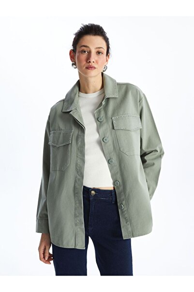 LC Waikiki Πράσινο ίσιο μακρυμάνικο γυναικείο πουκάμισο oversized