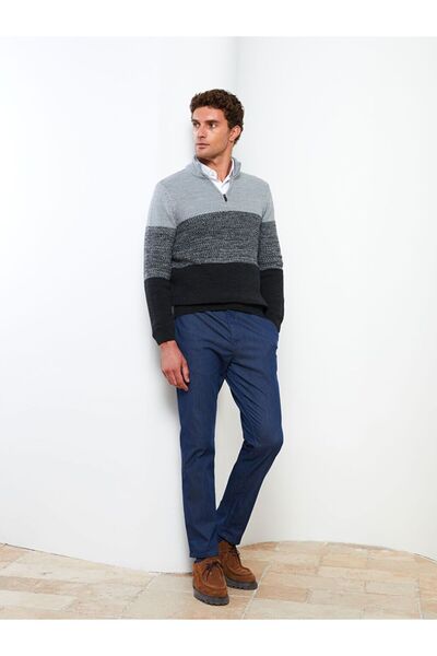 LC Waikiki Beige Stand Collar Long Sleeve Color Block Men's Knitwear Sweater