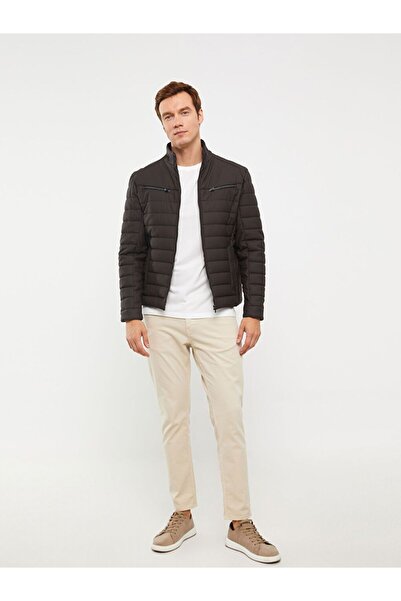 LC Waikiki Καφέ εφαρμοστό ψηλός λαιμός Ανδρικό εφέ δέρματος Παλτό