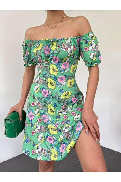 COjans Mini Dress with Elastic Collar and Lace Detail -A.Green