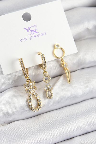 norsary Brass Zircon Stone Dangle Model Gold Color 3-Piece Women's Earrings