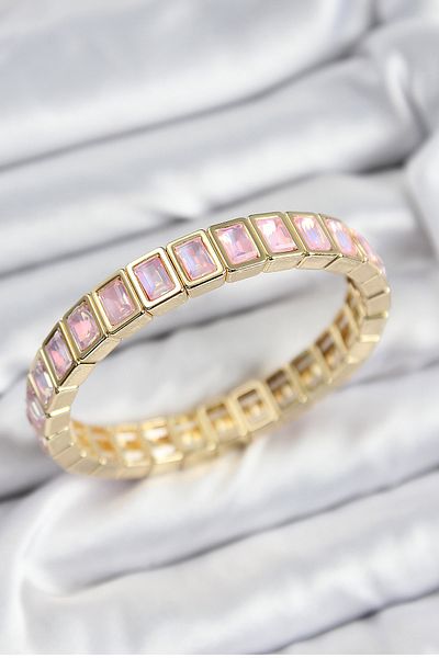 norsary Brass Pink Zircon Stone Rectangular Model Gold Color Elastic Women's Bracelet