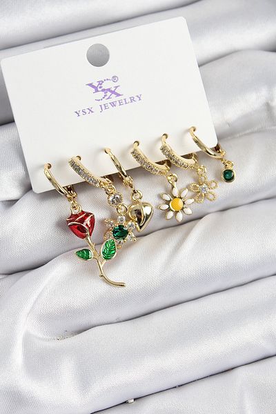 norsary Brass Zircon Stone Rose and Daisy Model Gold Color 3-Piece Double Women's Earrings