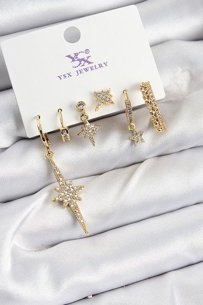 norsary Brass Zircon Stone Pole Star Model Gold Color 3-Piece Double Women's Earrings