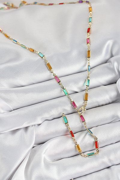 norsary Brass Colored Zircon Stone Rectangular Model Gold Color Women's Y Necklace