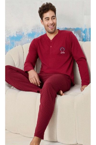 coshop Men's Pajamas Pijamood, 100% Cotton, Long-Sleeve, Maroon, M