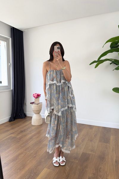 BİRCANÇİL Uly Blue Patterned Asymmetrical Cut Lined Rope Strap Dress