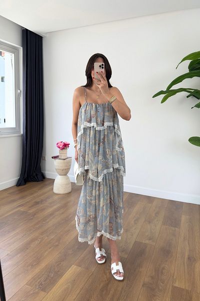 BİRCANÇİL Uly Blue Patterned Asymmetrical Cut Lined Rope Strap Dress