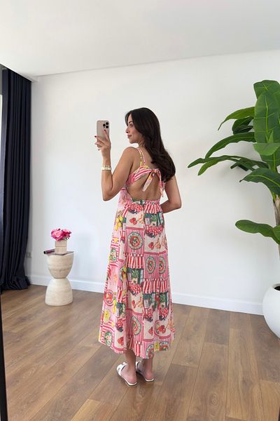 BİRCANÇİL Katia Pink Patterned Strap Back Tie Dress