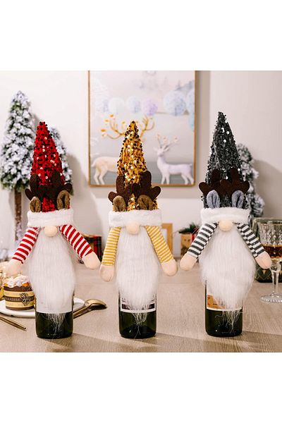 Vpoofree Set of 3 Christmas wine bottle decorations, textile, red/gray/gold, 40 cm