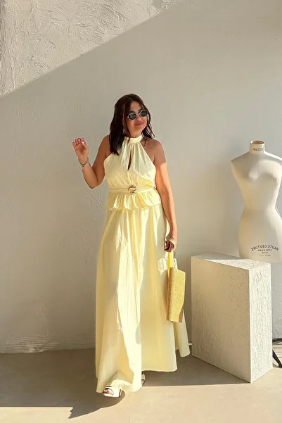 ELVAN TOLON Yellow pleated halter neck skirt suit