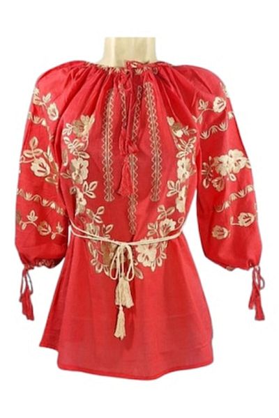 OEM Ie Dama, Broderie Bej, Bumbac, Model Traditional, Maneca 3/4, Rosu, Marime 2XL