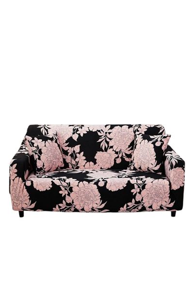 OEM Husa elastica pentru canapea, Comfort, Elastan, Imprimeu Floral, M-2 locuri, Negru-Roz