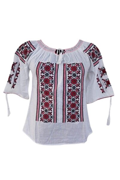 OEM Bluza tip ie dama, Maneca Scurta, Model Traditional, Bumbac, Broderie Rosu-Negru, Marime 2XL