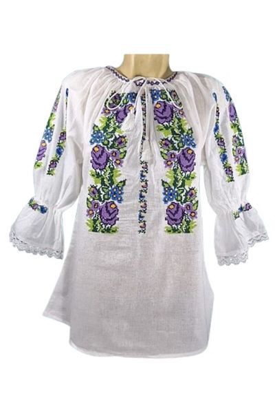 OEM Ie Dama, Bumbac, Model Traditional, Maneca 3/4, Alb-Multicolor Flori Mov, Marime S
