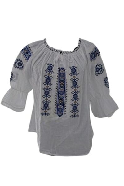 OEM Bluza tip ie dama, Maneca 3/4, Model Traditional, Bumbac, Broderie Albastru-Bej, Marime XL