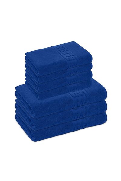 OEM Set 7 bath towels, Cotton, Greek Border, 500g/m², 50x90cm/70x140cm, Navy Blue
