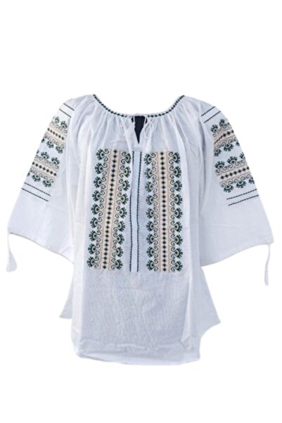 OEM Women's Blouse with Traditional Embroidery, Black-Beige, Cotton, Size 2XL