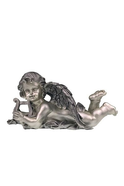OEM Decoratiune din rasina, Inger cu Harpa, 39x20cm, Gri Argintiu