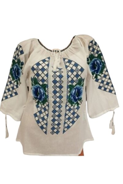 OEM Women's Traditional Blouse, Cotton, White-Blue, Size L
