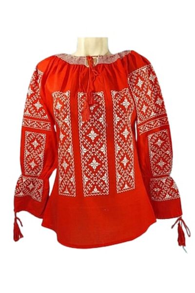 OEM Ie Dama, Maneca Lunga, Bumbac, Model Traditional, Broderie Bej, Rosu, Marime M