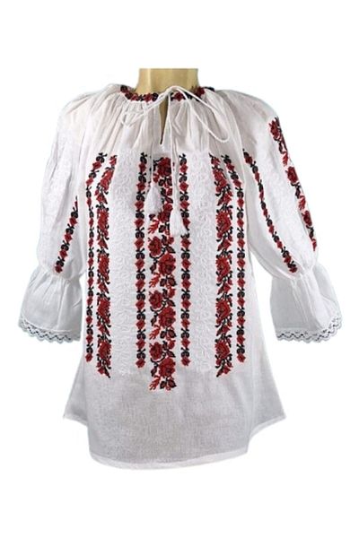 OEM Ie Dama, Bumbac, Maneca 3/4, Model Traditional Boboci Trandafiri, Broderie Rosu-Negru, Marime S