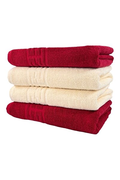OEM Set 4 hand towels, Cotton, Two-tone, Greek Border, 500g/m², 30x50cm, Ivory-Red