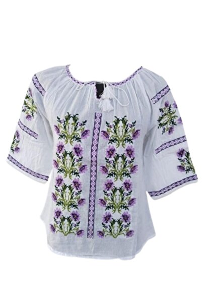 OEM Bluza tip ie dama, Bumbac, Model Traditional, Maneca 3/4, Broderie Multicolor, Marime L