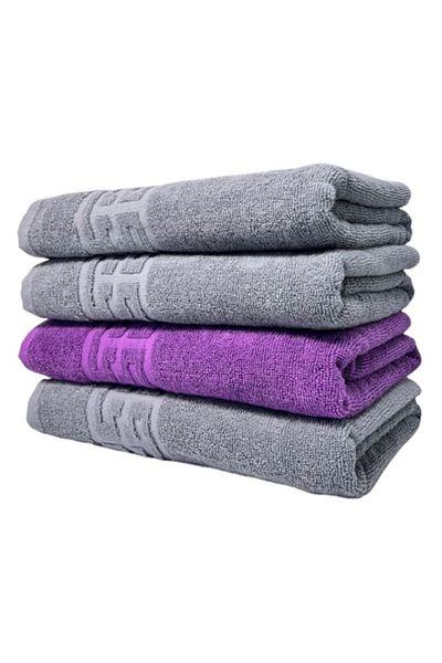 OEM Set of 4 bath towels, Cotton, Bicolor, Greek Border, 500g/m², 70x140cm, Grey-Purple