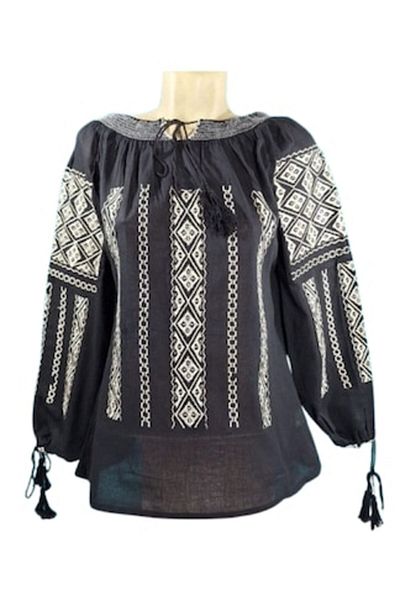 OEM Women's Blouse, Cotton, Long Sleeve, Traditional Model, Beige-Black, Size S
