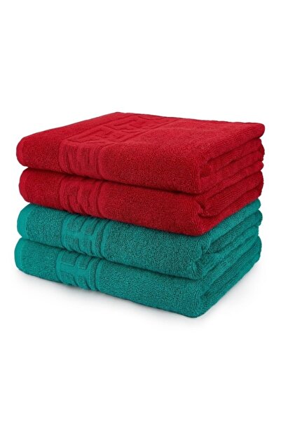 OEM Set 4 face towels, Cotton, Bicolor, Greek Border, 500g/m², 50x90cm, Dark Green-Red