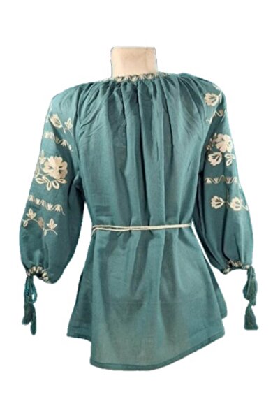 OEM Women's Blouse - Embroidered Beige Cotton, Traditional Design, 3/4 Sleeve, Green, Size 3XL