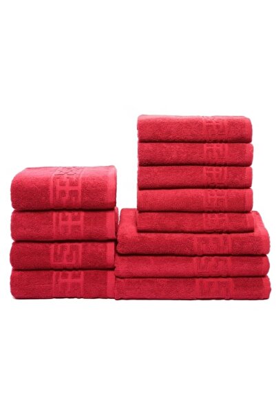 OEM Set 12 bath towels, Cotton, Greek Border, 500g/m², Red