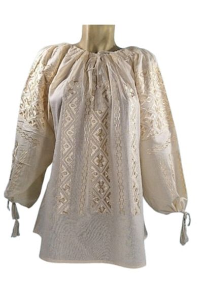 OEM Women's Traditional Blouse, Cotton, Long Sleeve, Beige Embroidery, Size 4XL
