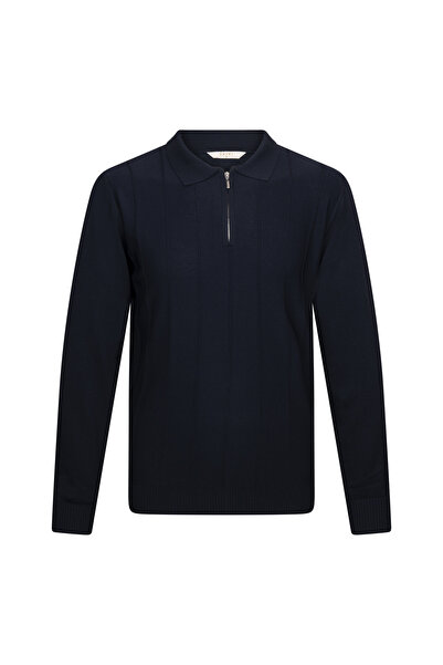 Hatemoğlu Navy Blue Regular Fit Zippered Polo Neck Rayon Sweater