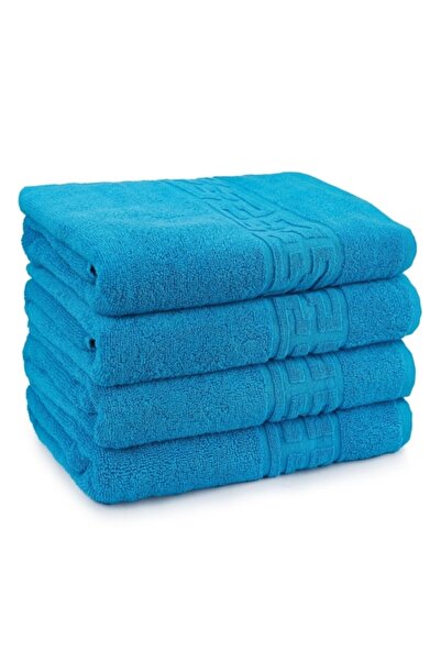 OEM Set of 4 Face Towels, Cotton, Greek Border, 500g/m², 50x90cm, Turquoise