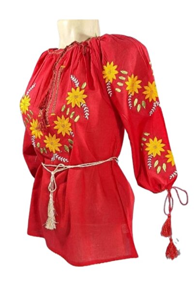 OEM Ie Dama, Broderie Multicolor, Bumbac, Model Traditional, Maneca 3/4, Rosu, Marime XL