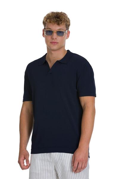Hatemoğlu Navy Blue Regular Fit Polo Neck Rayon T-Shirt