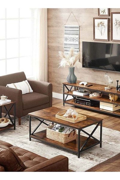 AGD Coffee table with storage shelf and X-shaped steel frame