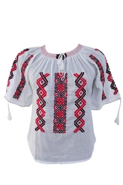 OEM Women's blouse with traditional model, short sleeve, cotton, black-red embroidery, size M