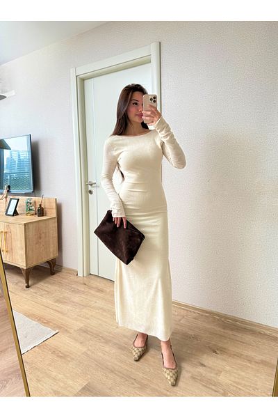 ForOus Beige Back Decoleted Patterned Lined Knit Dress