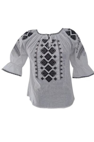 OEM Women's Blouse Type Ie, 3/4 Sleeve, Traditional Model, Cotton, Embroidery Black-Beige, Size S