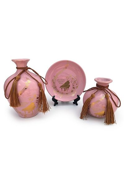 OEM Set din ceramica format din doua vaze si o farfurie cu note muzicale si snur, roz, 32x17 cm