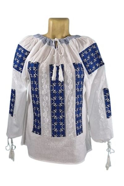 OEM Bluză de damă, bumbac, broderie, albastru-bleumarin, mânecă lungă, model tradițional, mărimea 3XL