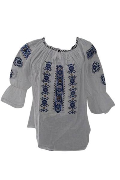 OEM Bluza tip ie dama, Maneca 3/4, Model Traditional, Bumbac, Broderie Albastru-Bej, Marime XL