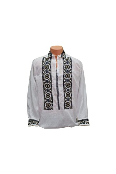 OEM Men's Traditional Embroidered Blouse, Beige-Black, Cotton, Long Sleeve, Size 2XL