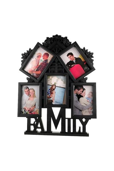 OEM Ramă foto din plastic în formă de casă cu text „Familie” și spații pentru 5 fotografii, 38x50 cm, neagră