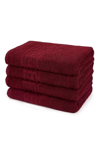 OEM Set 4 face towels, Cotton, Greek Border, 500g/m², 50x90cm, Bordo