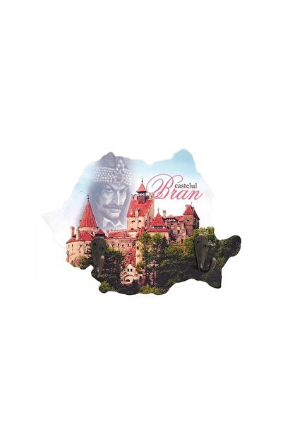 OEM Wooden hanger in the shape of Romania with Bran writing and 2 hooks, 18 x 13 cm